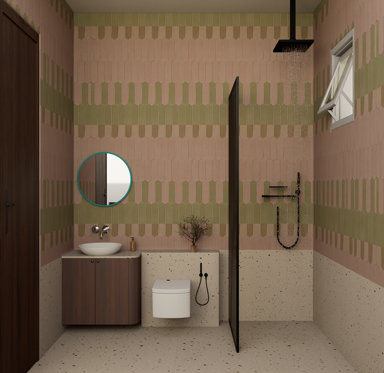 Bathroom design with terrazzo finish, walk in shower and pastel tile pattern