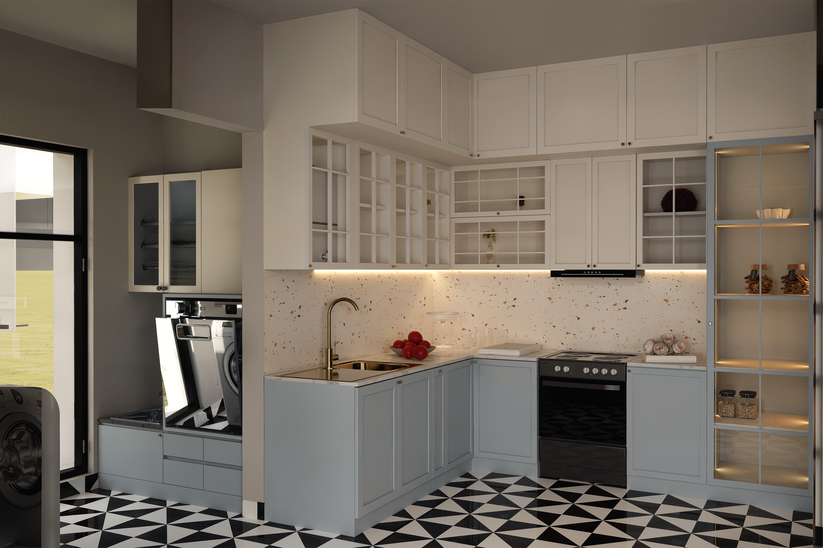 L shaped modular kitchen in powder blue with tall pantry unit, hob and chimney
