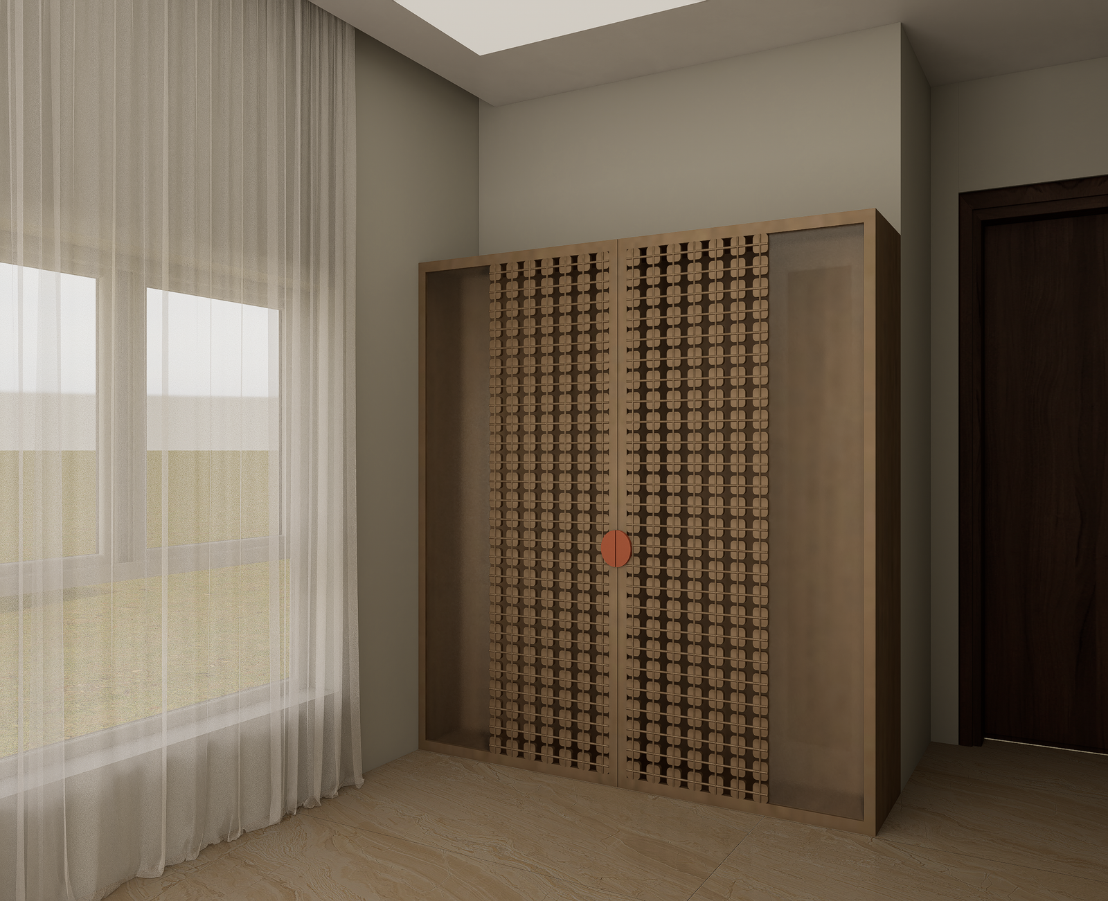 Pooja unit with CNC cut jali shutters and brushed brass frame