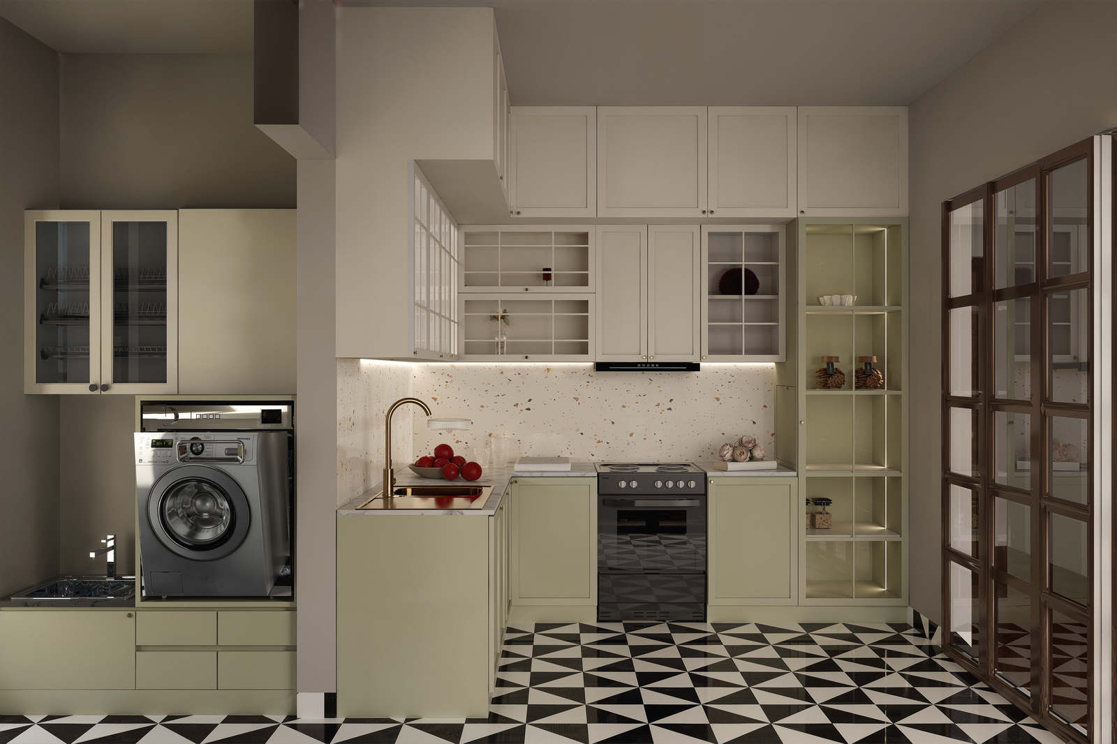 Modular kitchen in sage green with shaker shutters, gold sink mixer and utility corner