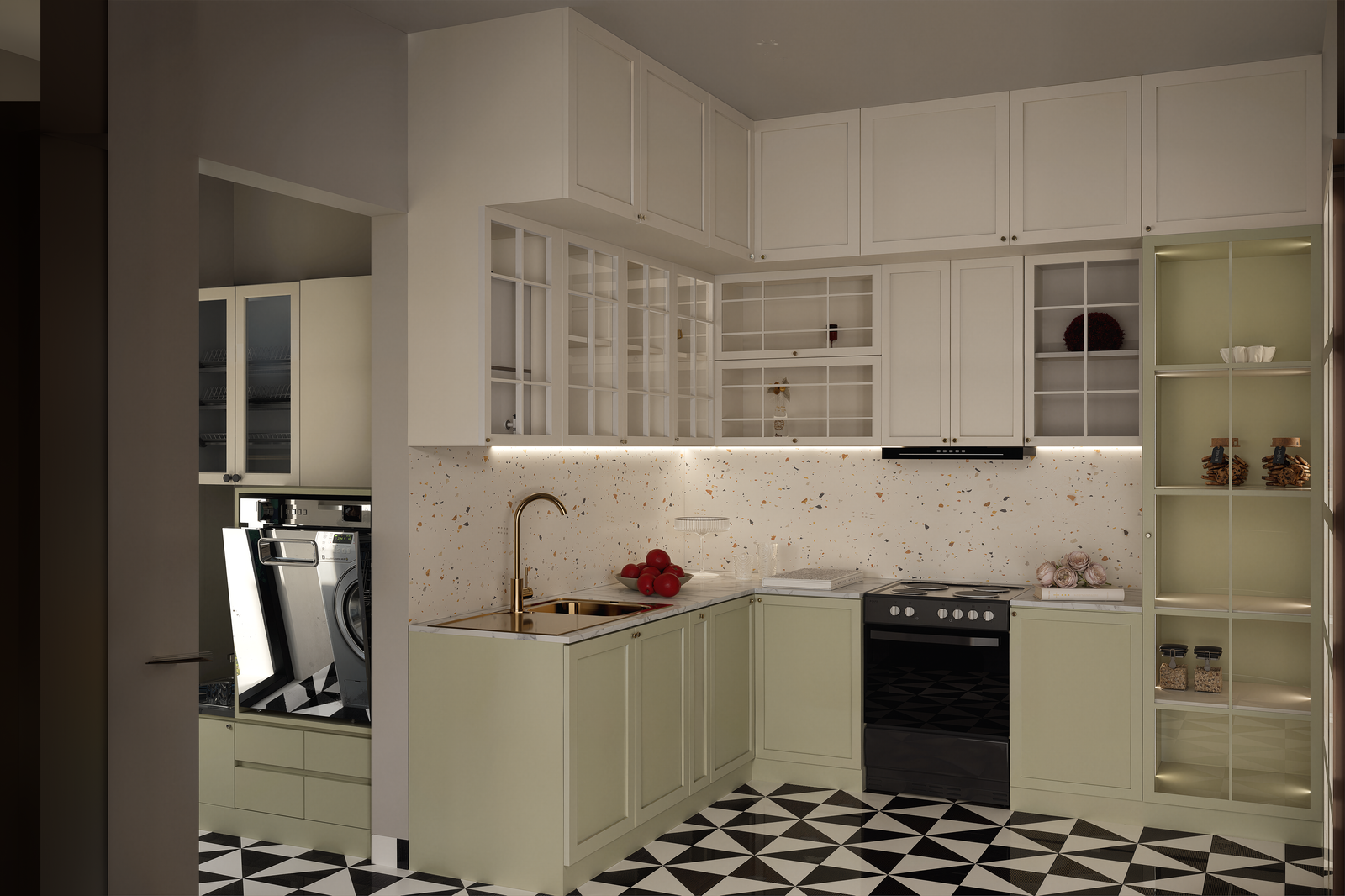 L shaped sage green modular kitchen with glass crockery unit and terrazzo backsplash