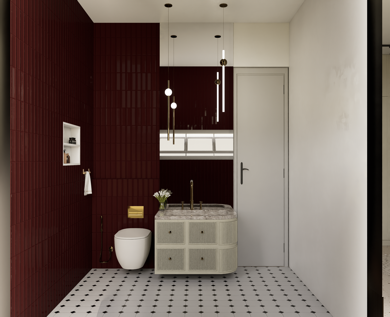 Luxury powder room with maroon glossy tiles, fluted vanity and gold fittings