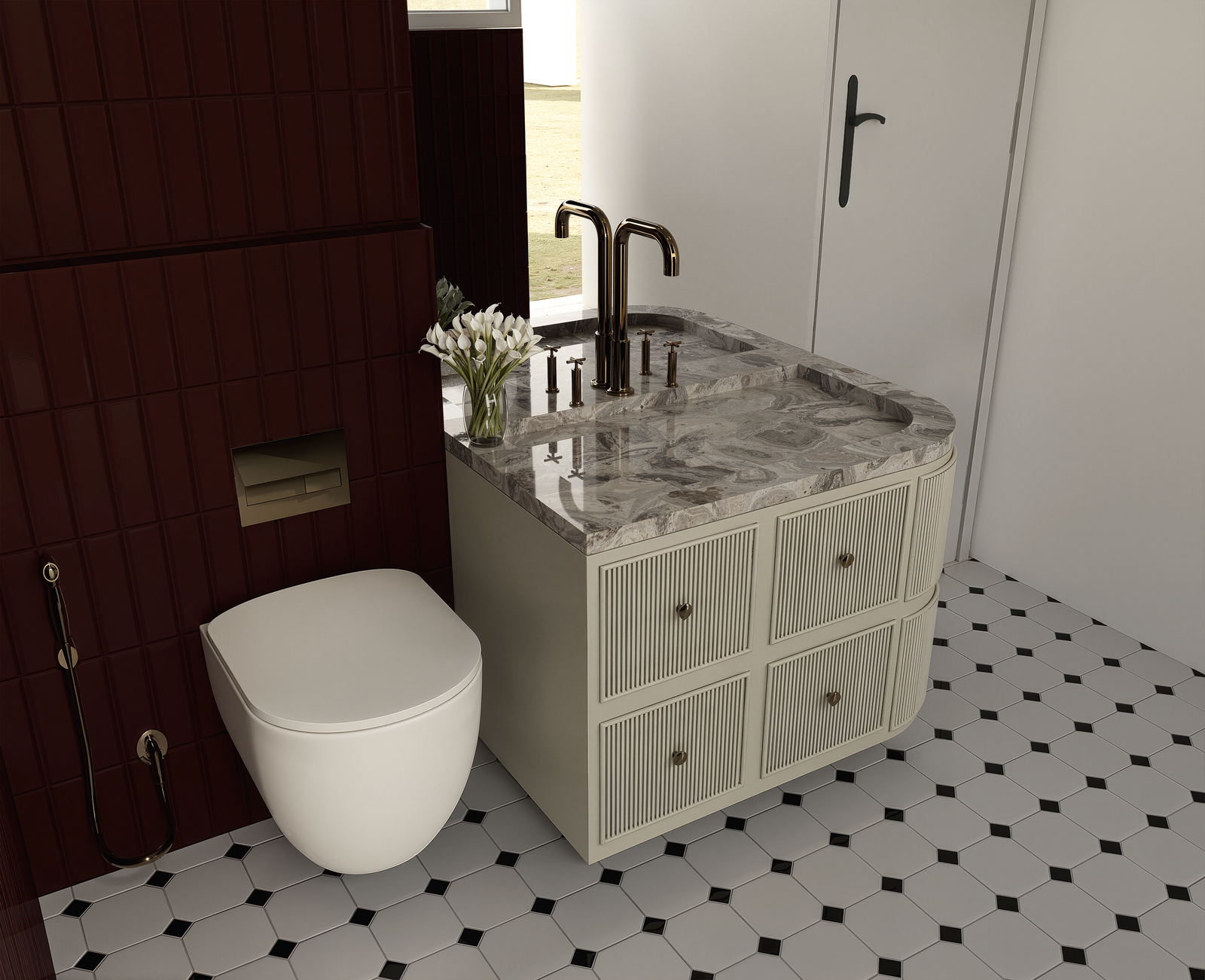 Bathroom vanity with marble countertop, fluted drawers and brass taps