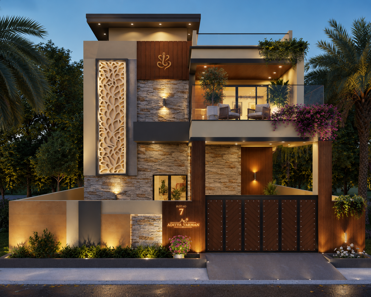 Modern house front elevation night view with facade lighting, balcony and wooden gate