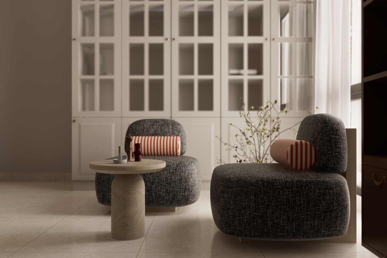 Lounge seating closeup with textured boucle chairs, striped bolsters and round wooden side table